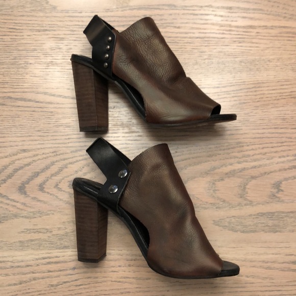 Free People Chocolate Brown/Black Leather Peep-toe Slingback with Wooden Heel 37 - Picture 6 of 12